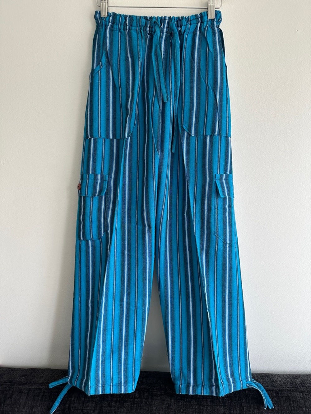 Peru/Ecuador Handmade Cotton Boho Unisex Blue‎ Striped Pants Joggers Medium